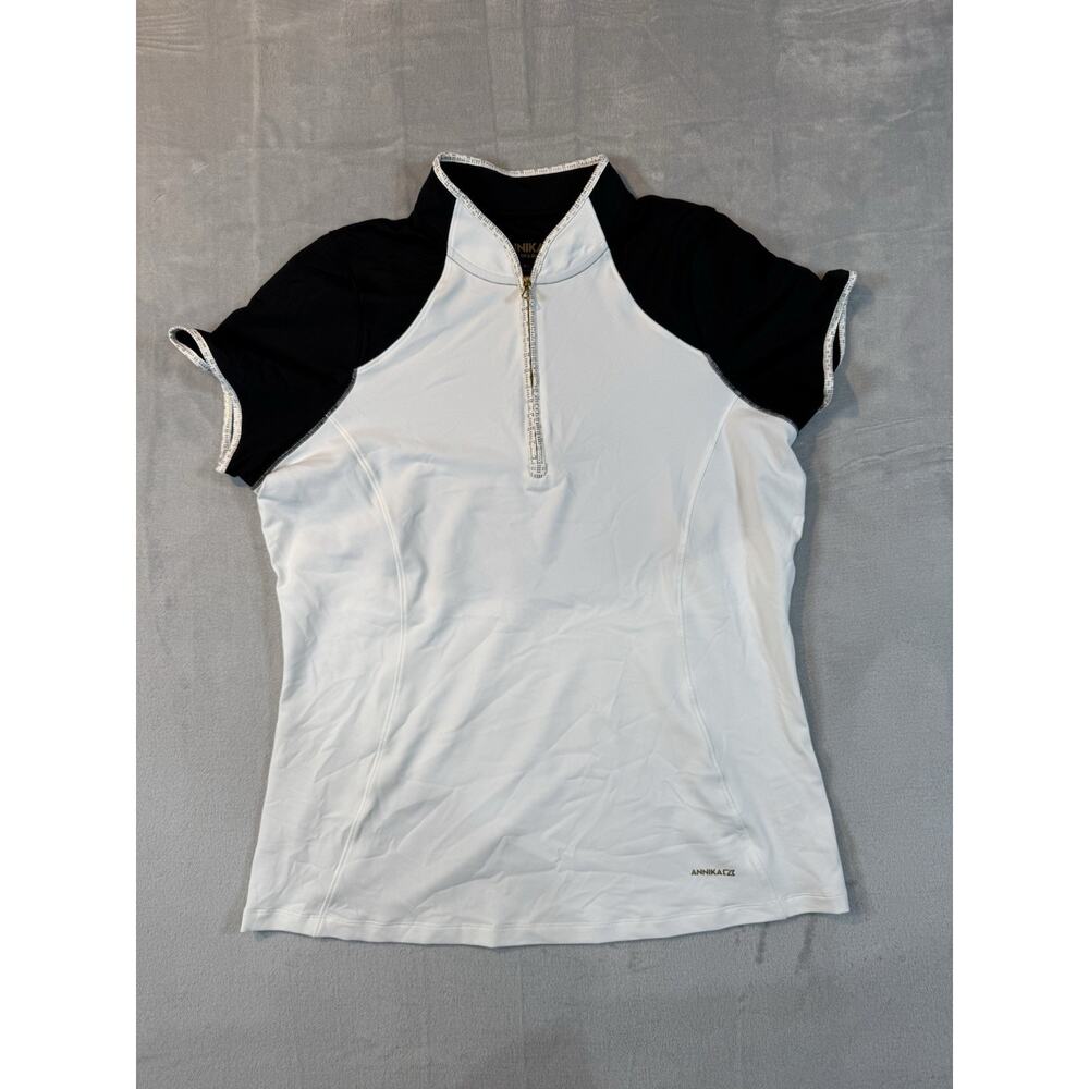 Annika Cutter & Buck Women’s Golf Polo Shirt L White Black DryTec 50+ Zip Neck